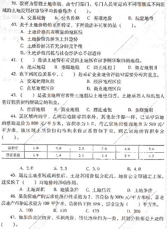 2007年土地估价师《理论与方法》真题及参考答案